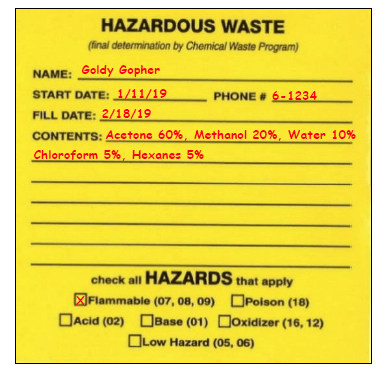 Completed Yellow Hazardous Waste Label