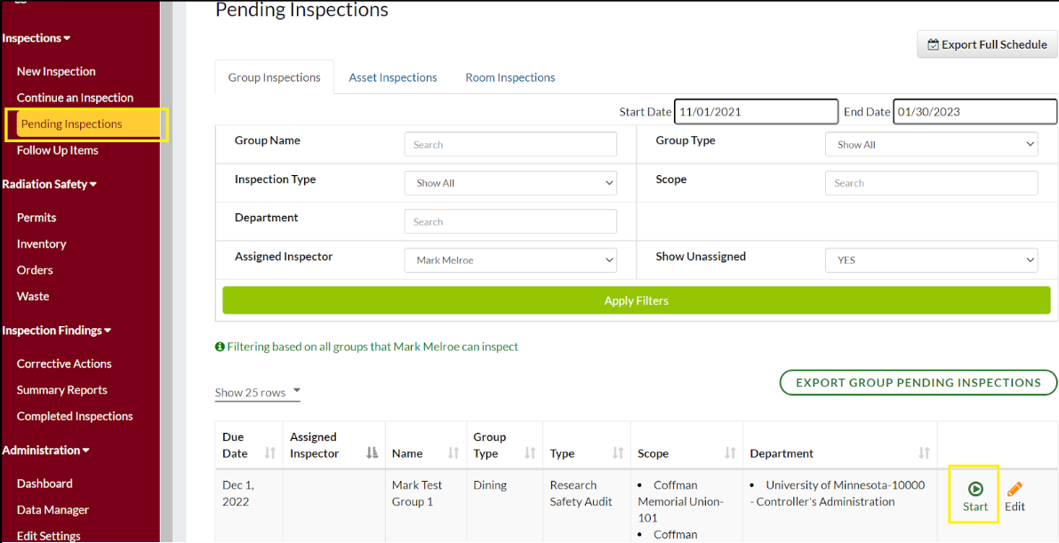 Pending Inspections screen showing button for specific inspection