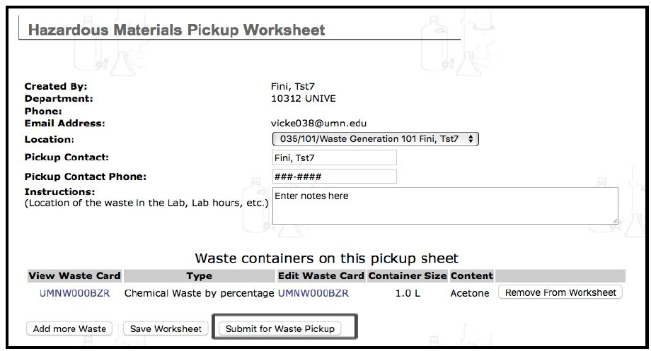 hazardous materials pickup worksheet
