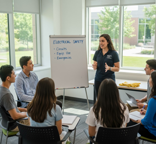 instructor presenting to student group